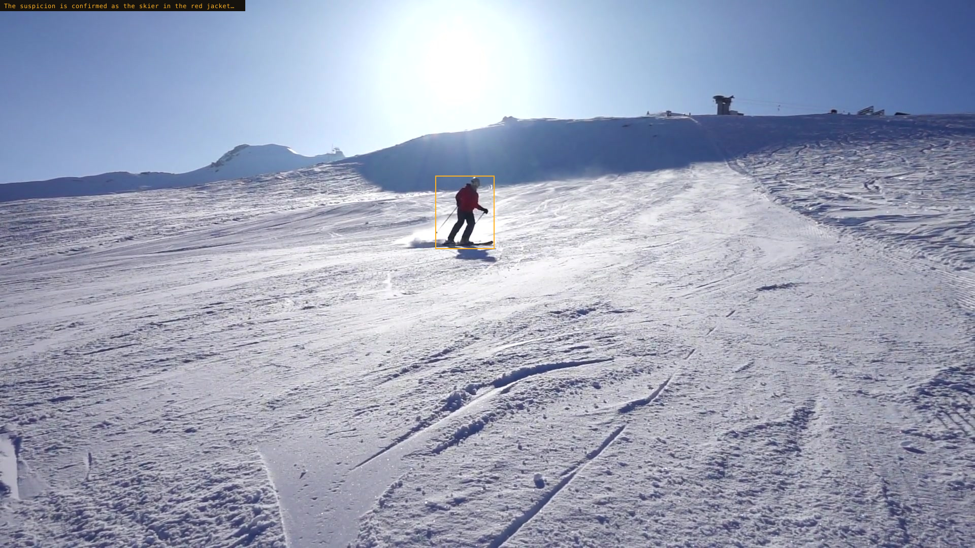 The suspicion is confirmed as the skier in the red jacket…